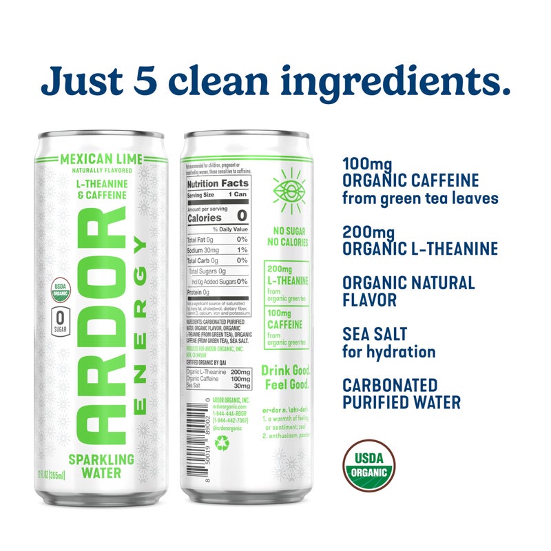 ARDOR ENERGY Sparkling Water with 100mg Natural Caffeine & 200mg L-Theanine from Organic Green Tea for Smooth Energy & Focus | Healthy Energy Drink | No Sugar, Zero Calories, Vegan, Gluten-Free | Tropical Variety (Pack of 12, 12oz cans) - Image 3